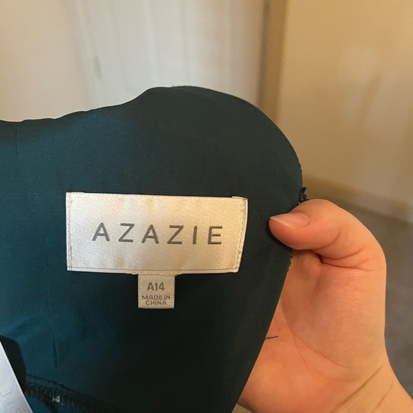 Maternity Bridesmaid! Azazie Allessia - Aline Pleated Stretch Satin PineSize A14 - Picture 5 of 7